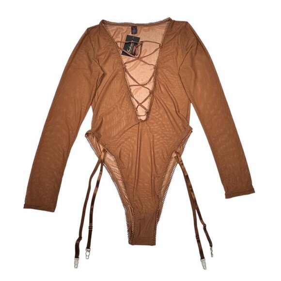 NWT Frederick's of Hollywood Mesh Bodysuit Teddy Sz.M Brown  Sheer Garter Sexy - Picture 4 of 7